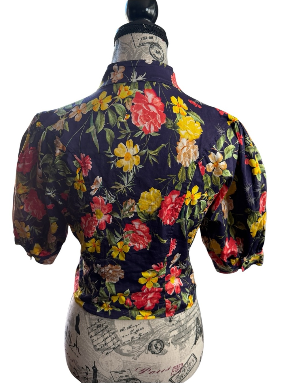 Marissa Webb Navy Floral Button-Front Blouse with Mandarin Collar - Picture 5 of 9